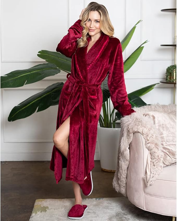 Lotus Linen Plush Robes for Women - Soft Bathrobe, Custom Monogram, Warm Fleece Robe with Pockets