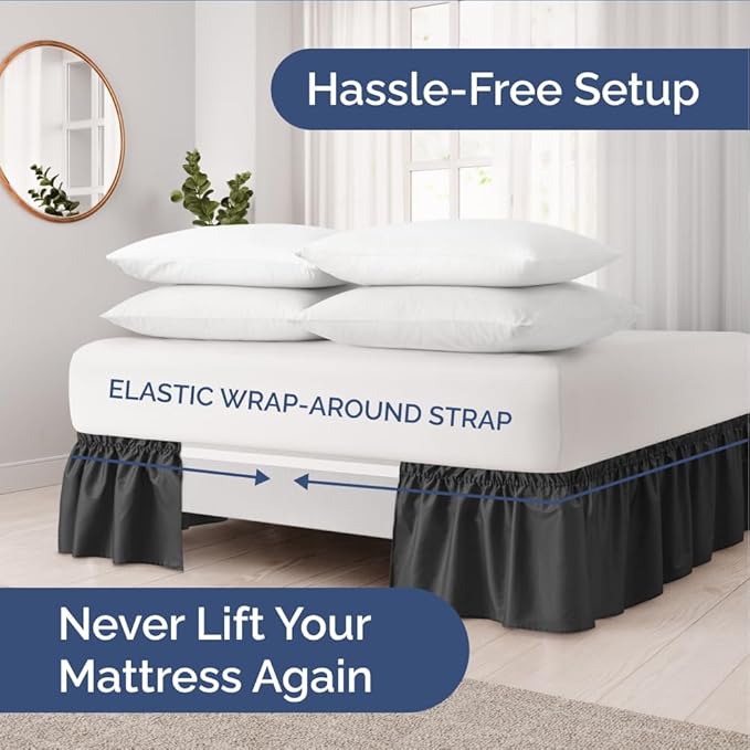 Wrap Around Dust Ruffle Bed Skirt - Black - for King Size Beds with 18 Inch Drop - Easy Fit Elastic Strap - Adjustable Pleated Bedskirt w/Brushed Fabric - Wrinkle Free - for Women, Men, Kids & Teens