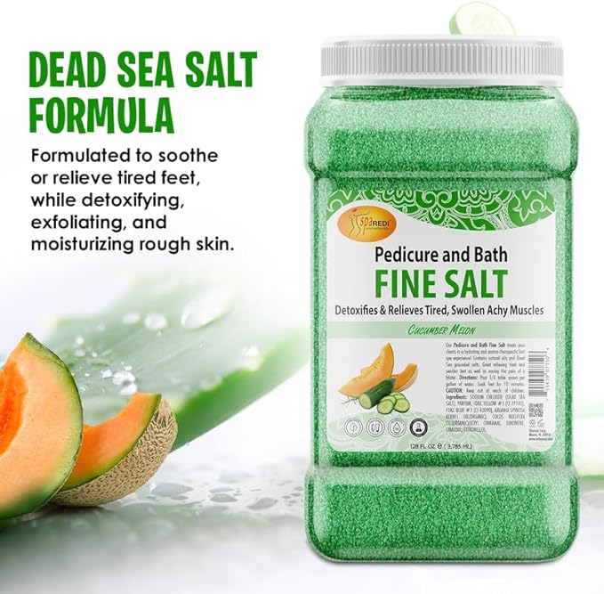 SPA REDI - Detox Foot Soak Pedicure and Bath Fine Salt, Cucumber and Melon, 128 Oz - Made with Dead Sea Salts, Argan Oil, Coconut Oil, and Essential Oil - Hydrates, Softens and Moisturizes