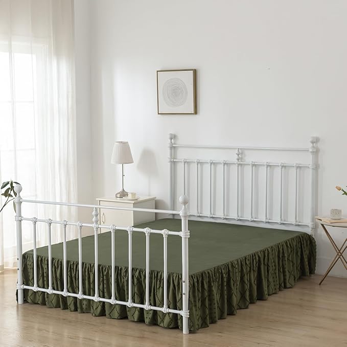 Bed Skirt Full Size Ruffled Bed Skirt with Split Corners, 16 Inch Drop Dust Ruffle Bed Skirts with Platform, Boho Tufted Shabby Chic Full Size Bed Skirts, Olive Green