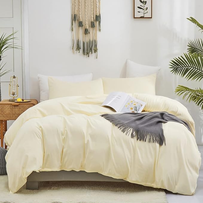 KAREVER Light Yellow Comforter Set Full Ivory Bedding Set Men Breathable Beige Bedding Set Women Soft Off White Ivory Bedding Comforter Set Full Size Comforter