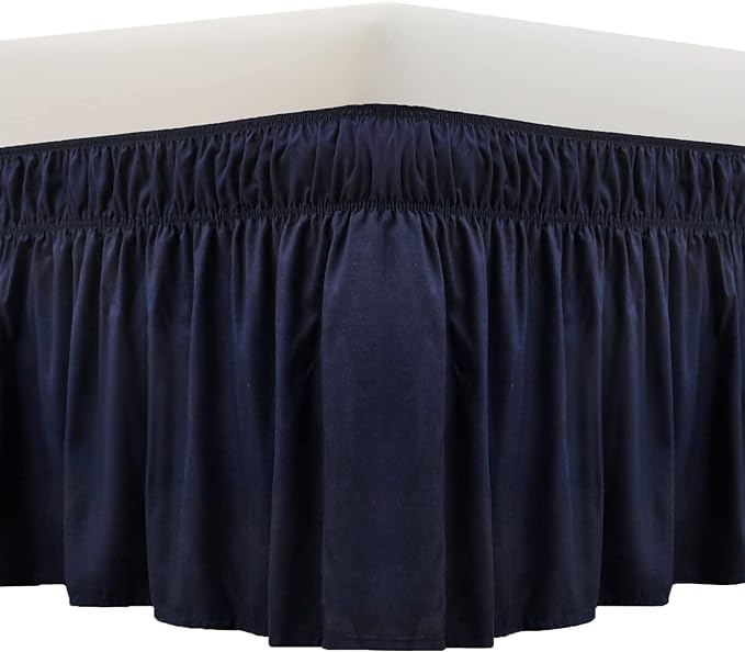 MEILA Wrap Around Bed Skirt Three Fabric Sides Elastic Dust Ruffled 24 Inch Tailored Drop,Easy to Install Fade Resistant-Navy Blue, Twin/Full
