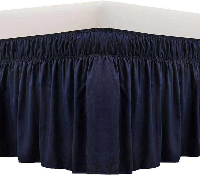 MEILA Wrap Around Bed Skirt Three Fabric Sides Elastic Dust Ruffled 14 Inch Tailored Drop,Easy to Install Fade Resistant-Navy Blue, Queen/King