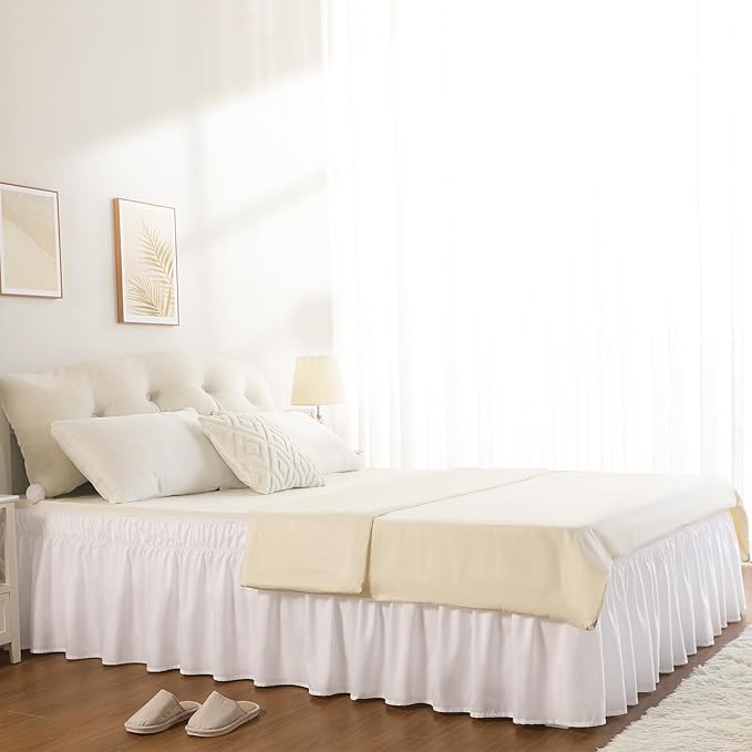 RIMELA White Bed Skirt Queen Size 18 Inch Drop, Elastic Bed Skirting for Bed Base and Frame, Bedding Dust Ruffle Easy to Install, Lightweight Wrap Around Adjustable Bedskirt