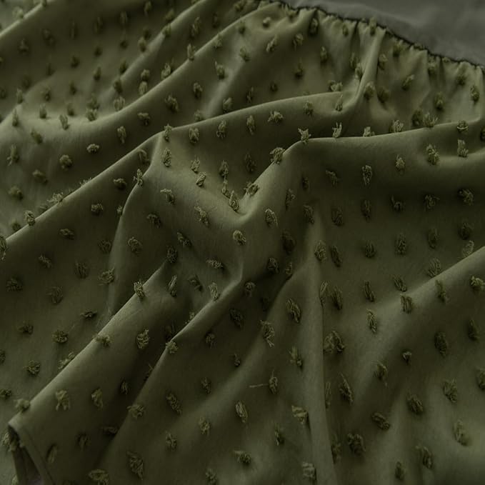 Tufted Dot Bed Skirt Queen Size Ruffled Bed Skirt with Split Corners, 14 Inch Drop Dust Ruffle Bed Skirts with Platform, Olive Green
