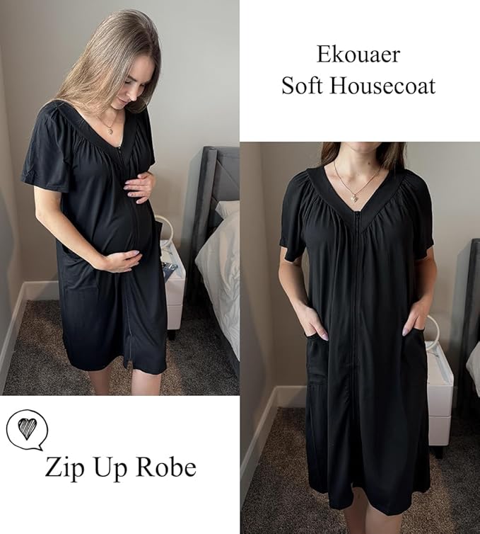 Ekouaer Women Robe Zipper Front Mumu Duster Robes Zip Up Housecoat Soft Sleepwear with Pockets S-3XL