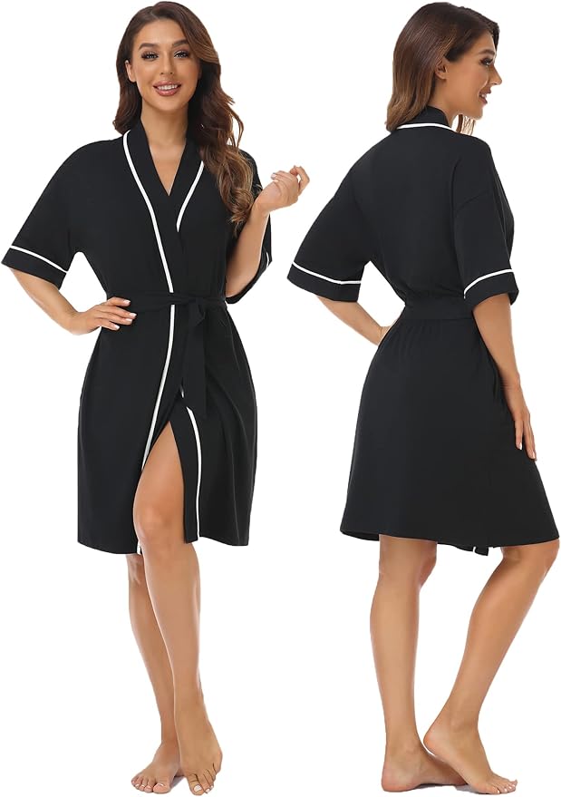 COLORFULLEAF Womens Bamboo Short Robes Lightweight Kimono Cotton Robe Soft Knit Bathrobe Ladies Loungewear with Pockets