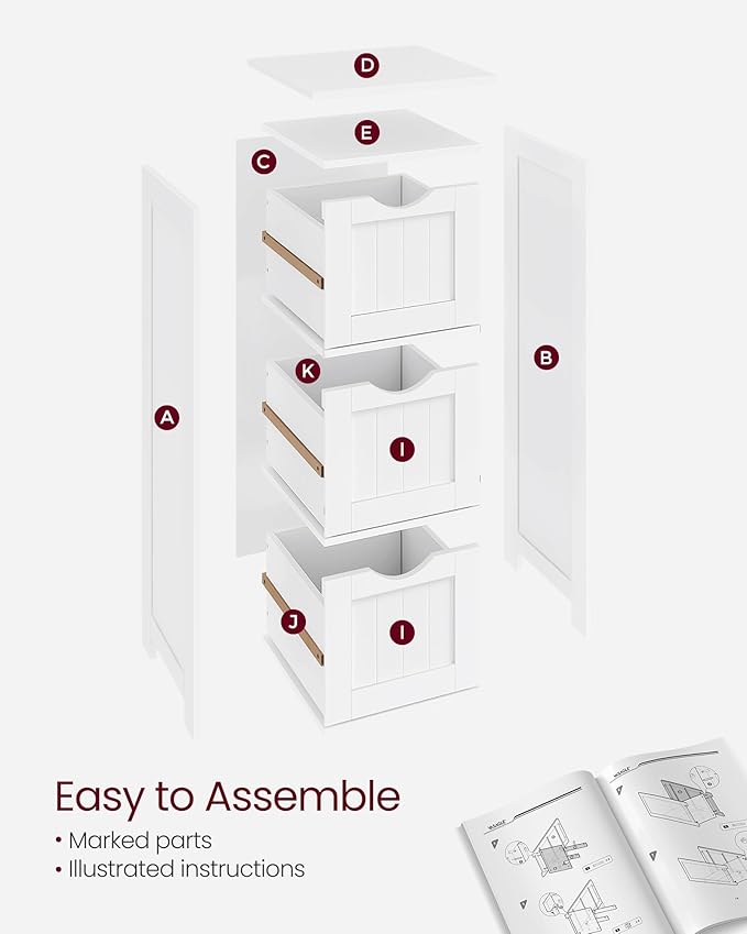 VASAGLE Floor Storage Cabinet, Freestanding Storage Unit with 3 Drawers, 11.8 x 12.6 x 31.9 Inches, for Bathroom, Living Room, Kitchen, Modern Style, Matte White UBBC50WT