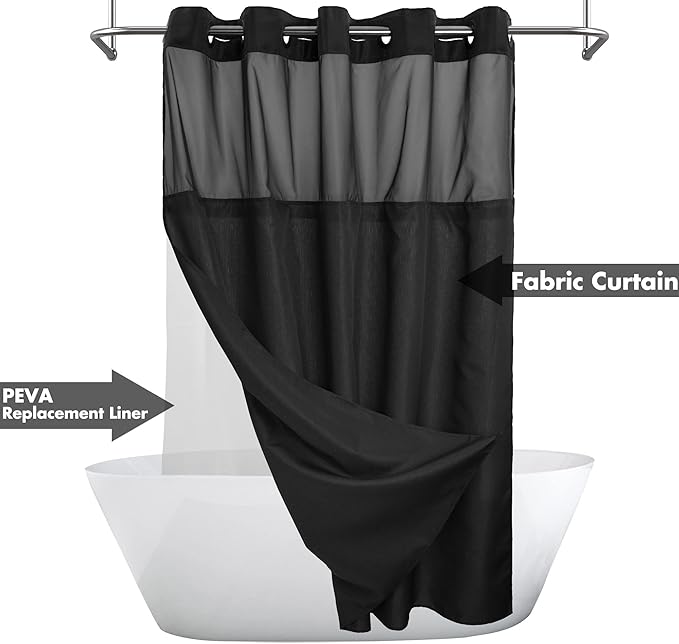 River Dream Long No Hook Slub Textured Shower Curtain with Snap-in PEVA Liner Set - 71" x 77"(75"), Hotel Style with See Through Top Window, Black Fabric Curtain & Waterproof Liner, Black, 71x77