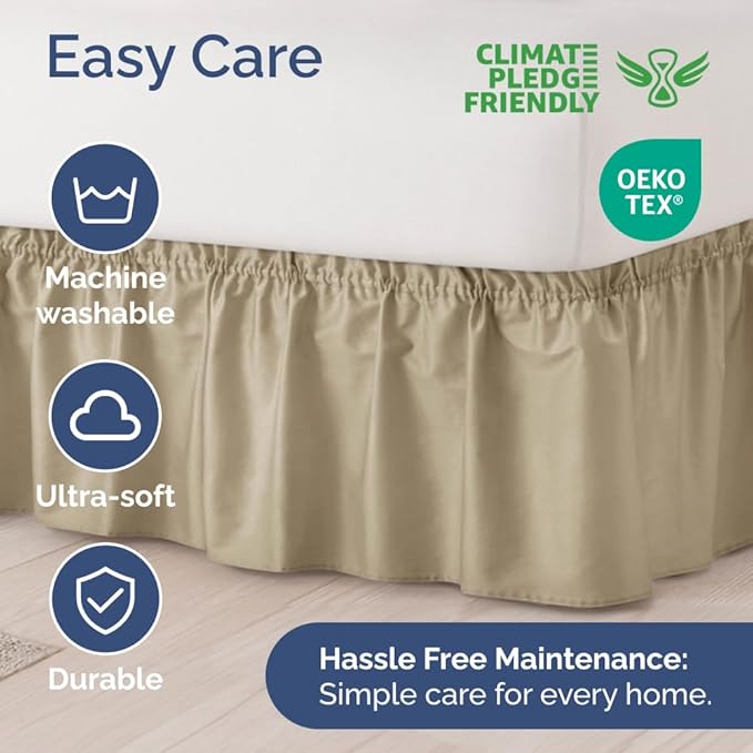 Wrap Around Dust Ruffle Bed Skirt - Beige - for Full Size Beds with 15 Inch Drop - Easy Fit Elastic Strap - Adjustable Pleated Bedskirt w/Brushed Fabric - Wrinkle Free - for Women, Men, Kids & Teens