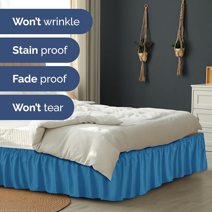 Wrap Around Dust Ruffle Bed Skirt - Denim Blue - for Queen Size Beds with 21 Inch Drop - Elastic Strap - Adjustable Pleated Bedskirt with Brushed Fabric and Wrinkle Free - For Women, Men, Kids & Teens