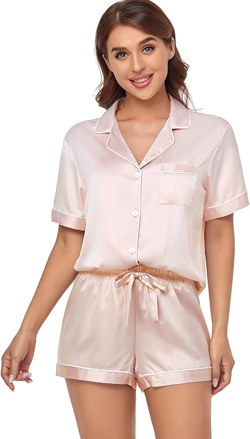 Women's Satin Pajama Set 2-Piece Sleepwear Loungewear Button Down Short Sleeve Silky PJ Set