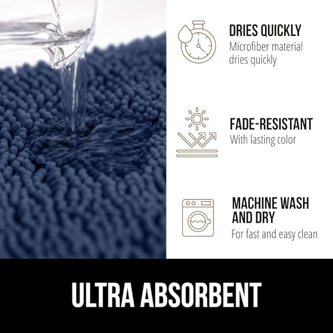 GORILLA GRIP Bath Rug Mat 48x24, Soft Absorbent Chenille, Quick Dry Microfiber Mats, Rubber Backing Washable Shower Floor Rugs, Bathmat Runner, US Designed Bathroom Home Decor Accessories Navy Blue