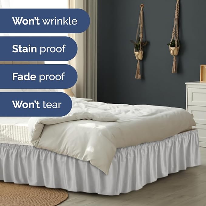 Wrap Around Dust Ruffle Bed Skirt - Light Grey - for King Size Beds w/ 16 Inch Drop - Easy Fit Elastic Strap - Adjustable Pleated Bedskirt with Brushed Fabric, Wrinkle Free Women, Men, Kids and Teens