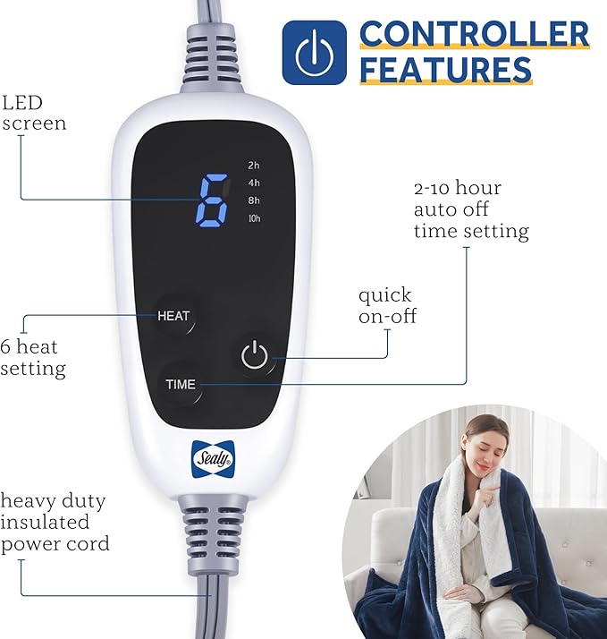 SEALY Heated Throw Blanket, Flannel & Sherpa Electric Throw with 6 Heat Setting & 2-10 Hours Auto Shut Off, Machine Washable, 50x60 Inch, Navy