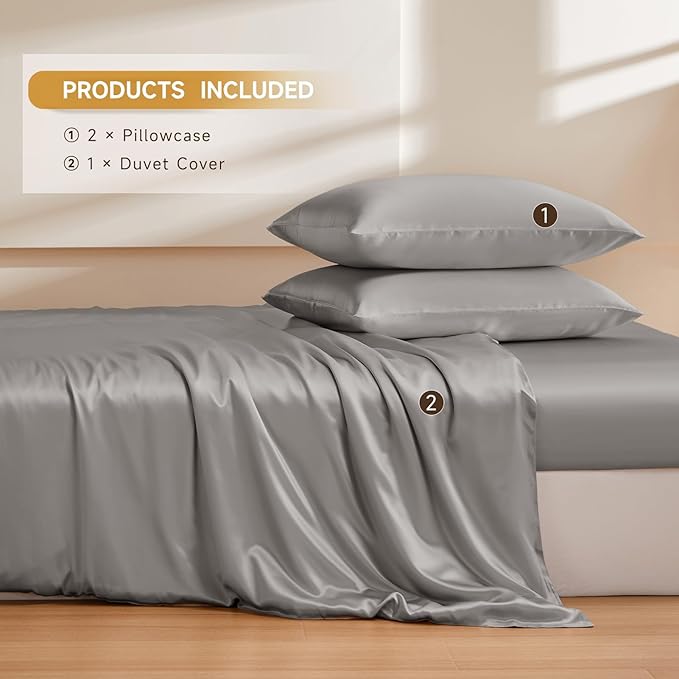 THXSILK 100% Pure Mulberry Silk Duvet Cover Set 3 Piece, 6A+ Grade Luxury Soft Bedding Silk Sheets for Hair and Skin, 1 Pcs Duvet/Quilt/Comforter Cover with 2 Zippered Pillowcases (Grey, Cal. King)