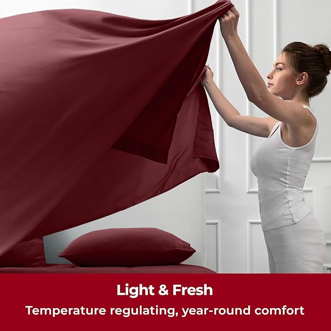 Mellanni Split King Sheets Set - 5 PC Iconic Collection Bedding - Hotel Luxury, Extra Soft, Cooling Bed Sheets - Wrinkle, Fade, Stain Resistant (Split King, Burgundy)