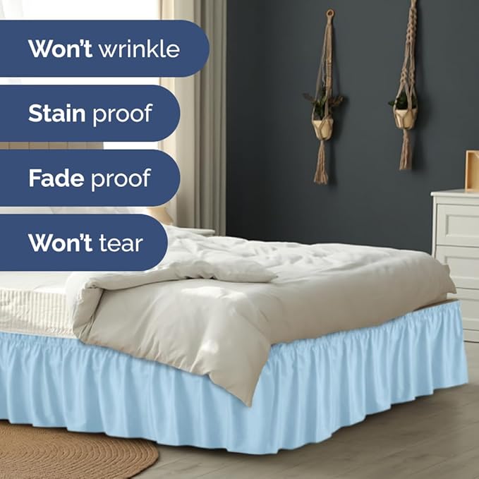 Wrap Around Dust Ruffle Bed Skirt - Light Blue - for King Size Beds with 12 Inch Drop - Elastic Strap - Adjustable Pleated Bedskirt with Brushed Fabric and Wrinkle Free - for Women, Men, Kids & Teens