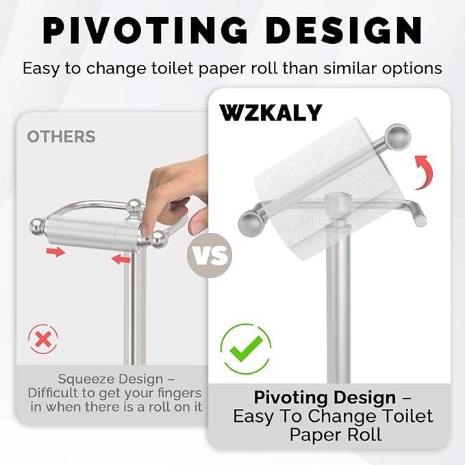 Toilet Paper Holder Stand, Brushed Nickel Toilet Paper Holder Free Standing, Post Pivoting Design & Stable Weighted Base SUS304 Stainless Steel for Bathroom(Mega Roll)