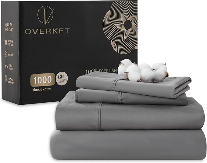 Egyptian Cotton Sheets Full Size 1000 Thread Count Sateen Weave Soft Breathable 16-Inch Deep Pocket 4PCS（Full,Dark Grey）