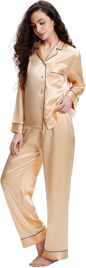 Lonxu Silk Satin Womens Pajama Sets Button Down Sleepwear Loungewear XS~3XL