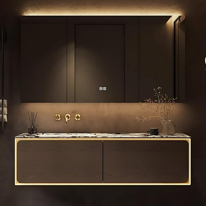 48IN Bathroom Vanity Set with a Single Sink - Embedded Sensor Light Strip & Large Capacity Floating Cabinet | Modern Bathroom Vanities with Defogging Mirror Surface & LED Lighting (Mirror Cabinet)