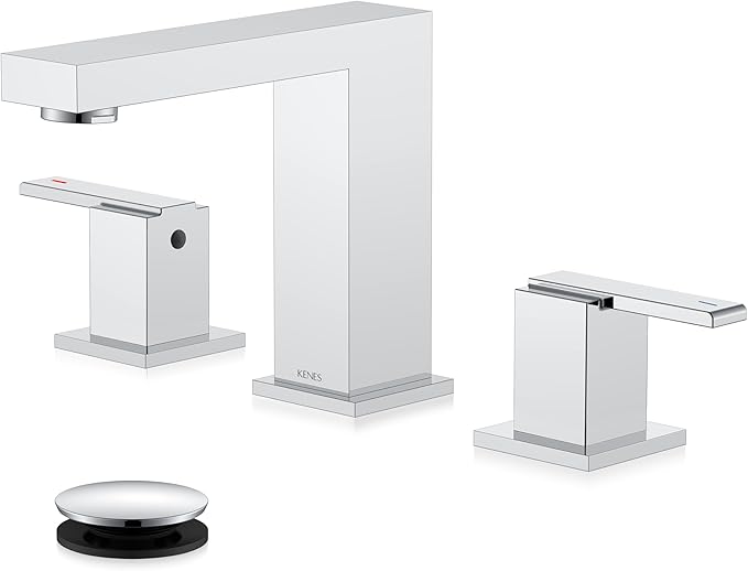 KENES Polished Chrome Widespread Bathroom Faucet 2 Handle Bathroom Sink Faucet 3 Hole, 8-Inch 3 Pieces Vanity Faucet with Pop Up Drain & Supply Lines, KE-9050-5-P
