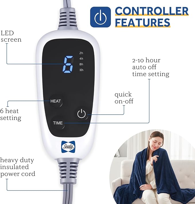 SEALY Electric Blanket Throw, Soft Flannel Heated Blanket with 6 Heat Settings & 2-10 Hours Auto Shut Off, Fast Heating & Machine Washable, 50x60 Inch, Navy