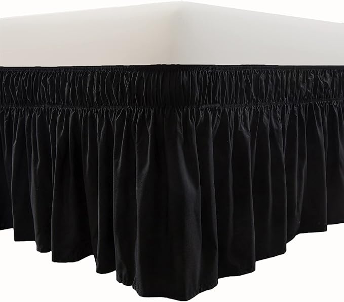 MEILA Wrap Around Bed Skirt Three Fabric Sides Elastic Dust Ruffled 14 Inch Tailored Drop,Easy to Install Fade Resistant-Black, Twin/Full