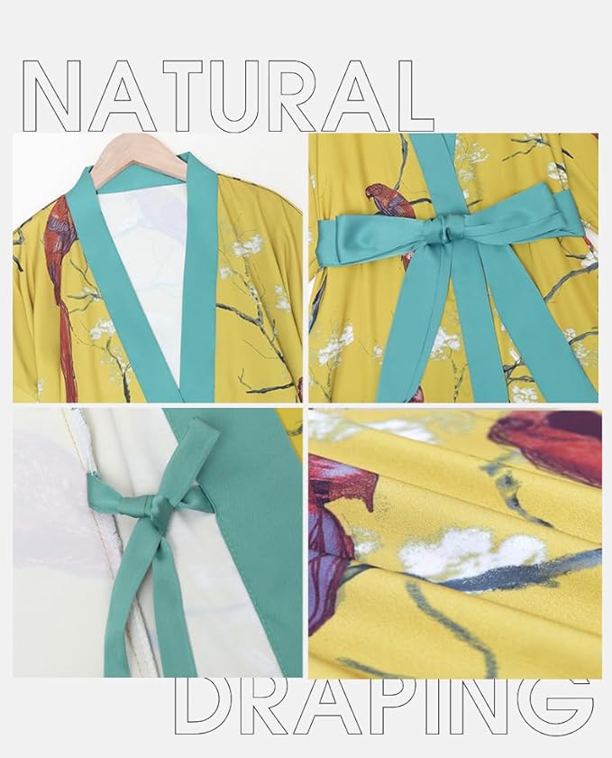 Silk Satin Robe for Women Long Japanese Kimono Robe Lightweight Soft Bathrobe Floral Luxury Dressing Gown