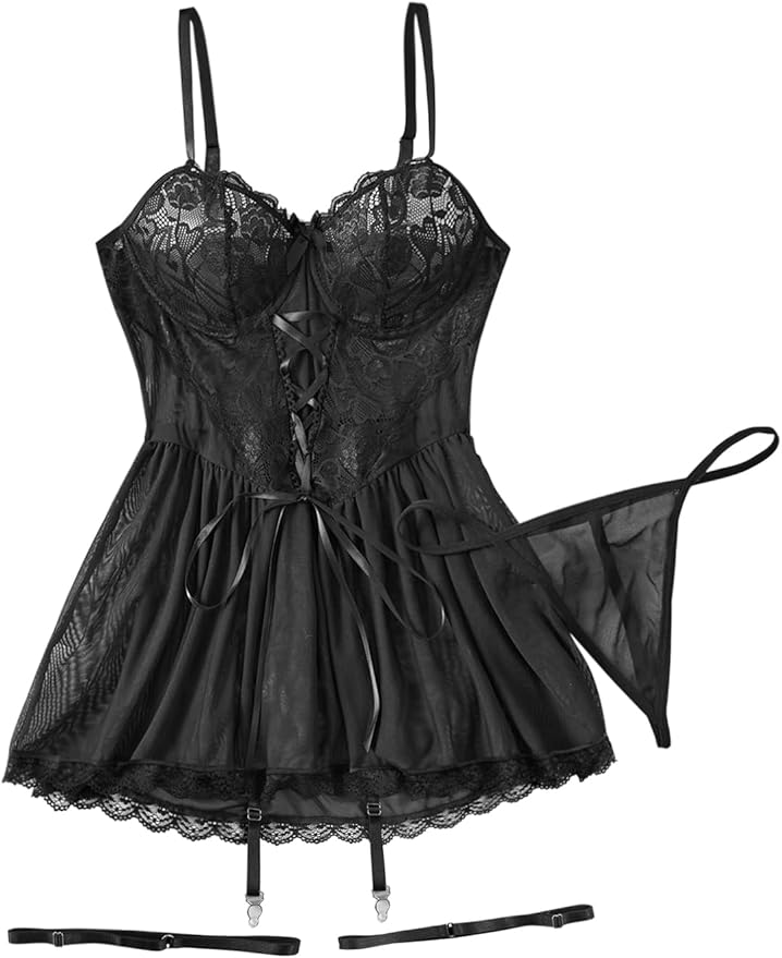 Lilosy Sexy Garter Belt Mesh Lace Babydoll Lingerie Dress Set with Thong