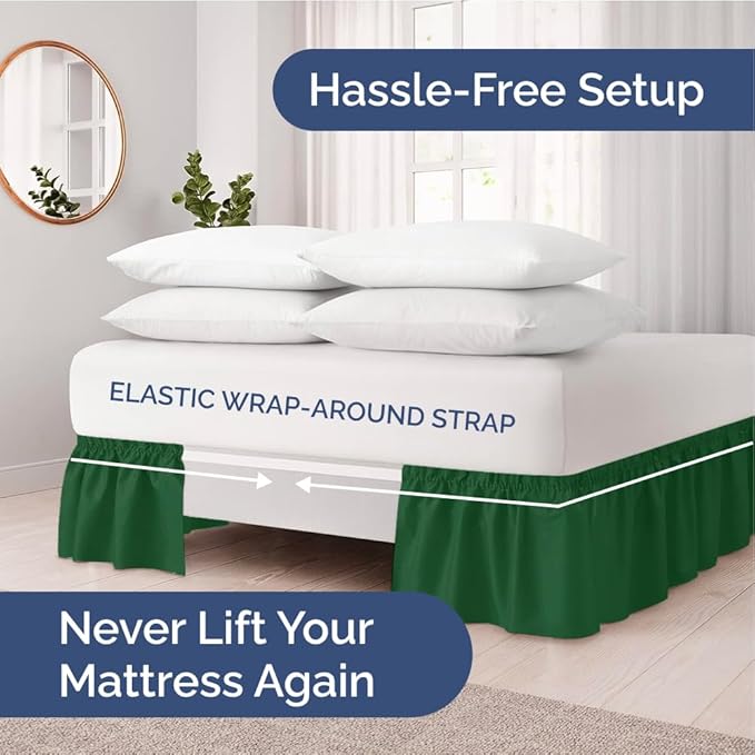 Wrap Around Dust Ruffle Bed Skirt - Emerald - for King Size Beds w/ 12 Inch Drop - Easy Fit Elastic Strap - Adjustable Pleated Bedskirt w/Brushed Fabric - Wrinkle Free - for Women, Men, Kids & Teens