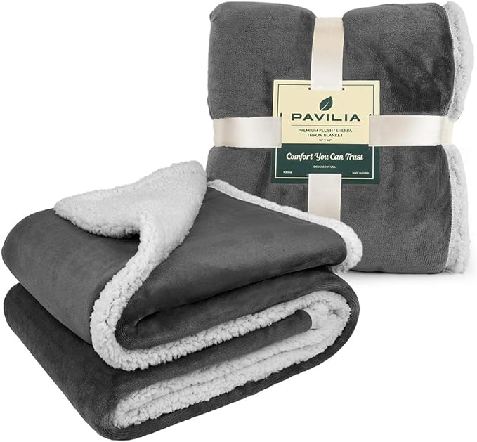 Pavilia Sherpa Fleece Blanket for Bed, Queen Size, Dark Grey, Plush Soft Fuzzy, Cozy Reversible Winter Blanket for Women & Men, 90x90 Inches