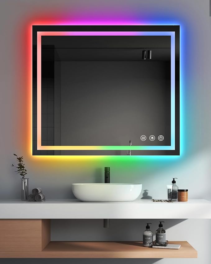 oneup 40x36 Inch Bathroom Mirror with Lights,RGB Color Changing LED Bathroom Mirror,Anti-Fog Wall-Mounted Vanity Mirrors,Smart Dimmable Multicolor Lighted,IP54 Waterproof (Horizontal/Vertical)
