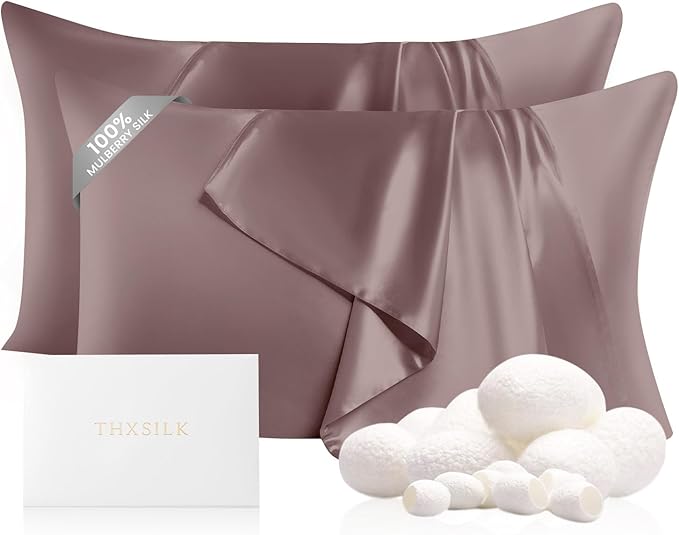 THXSILK Set of 2 22mm 100% Pure Mulberry 6A+ Silk Pillowcases for Hair & Skin with Zipper Closure, Cooling, Natural, Organic, Double Sided Silk Pillow Case (Purple, Queen 20"x30", 2pcs)