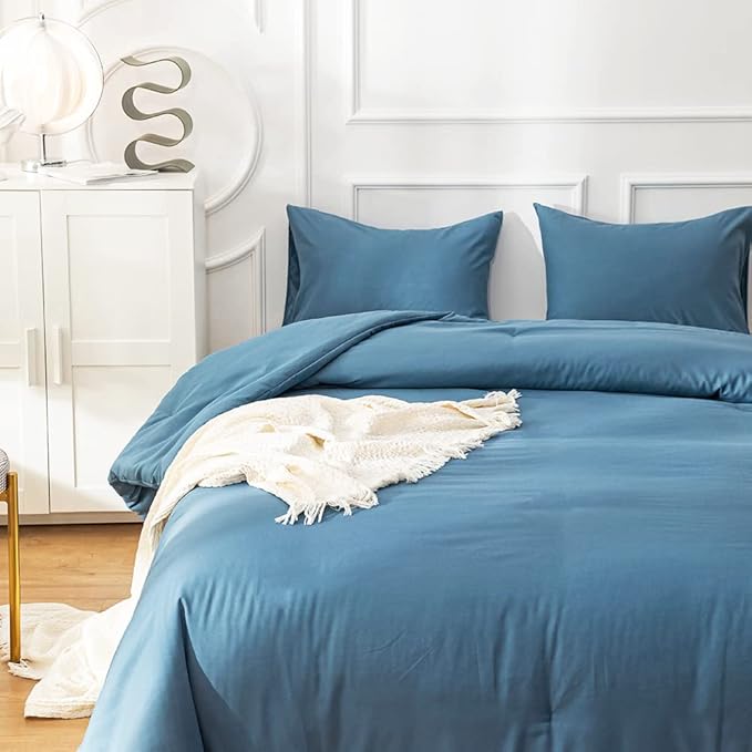 Cottonight Lake Blue Comforter Sets Queen Blue Modern Bedding Comforter Set Full Size Haze Blue Solid Blanket Quilts Lightweight Breathable 3 Piece Bedding Comforter for Alll Ages Season