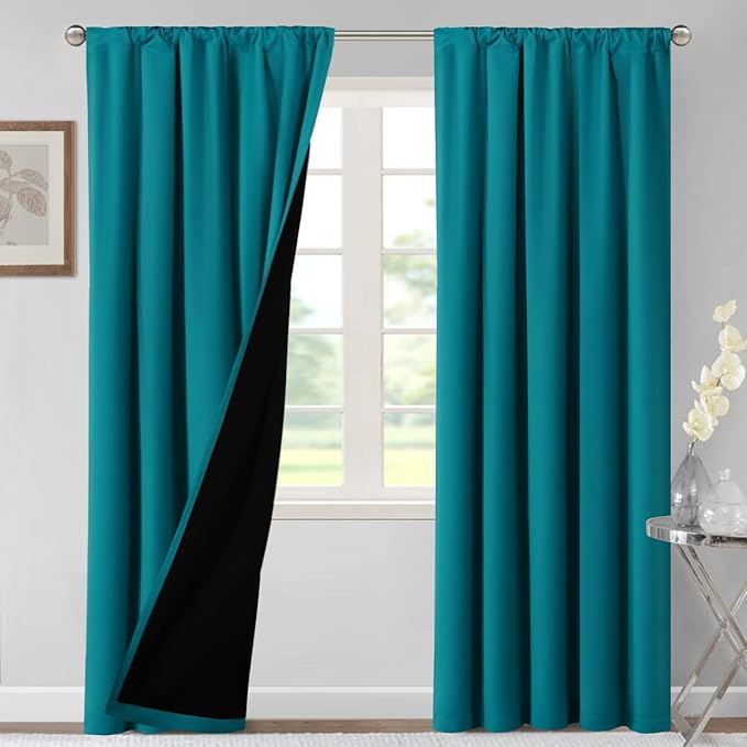 H.VERSAILTEX 100% Blackout Curtains for Bedroom Thermal Insulated Blackout Curtains 108 Inches Long Rod Pocket/Clip Rings Curtains for Living Room with Black Liner 2 Panels, Turquoise Blue