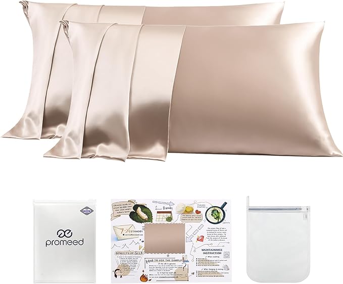 PROMEED 100% Mulberry Silk Pillowcase 2 Pack with Zipper, 23 Momme Grade 6A+ Silk Pillow Case King Size Set of 2, Cooling Pillow Cases for Hot Sleepers (King 20"x36", Champagne)
