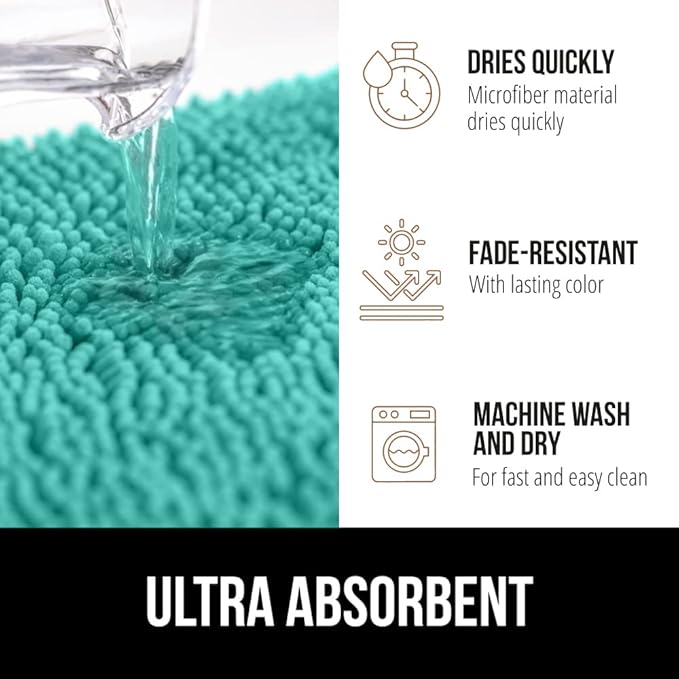 GORILLA GRIP Bath Rug Mat, Soft Absorbent Chenille, Quick Dry Microfiber Mats, Rubber Backing Washable Shower Floor Rugs, Bathmat Runner, US Designed Bathroom Home Decor Accessories 24x17, Turquoise