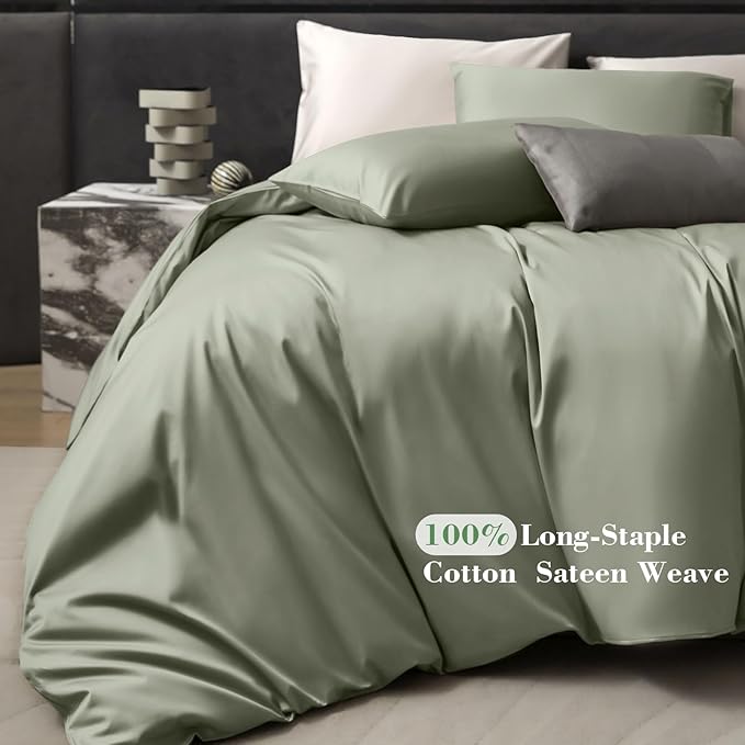 PURE ERA Duvet Cover Set 800 Thread Count Long Staple Cotton Sateen Silky Soft Luxurious Smooth 3 Piece Set Light Olive Green Queen