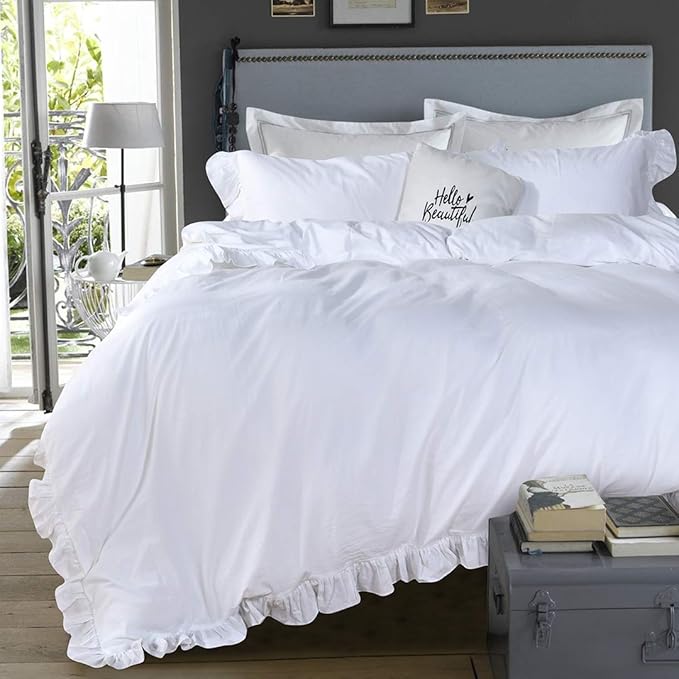 QSH White Ruffle California King Duvet Cover, Washed Cotton Farmhouse Shabby Boho Chic Bedding Comforter Quilt Cover Oversized Vintage Rustic French Country Aesthetic Bedding 3 Pieces