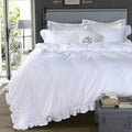 QSH White Ruffle California King Duvet Cover, Washed Cotton Farmhouse Shabby Boho Chic Bedding Comforter Quilt Cover Oversized Vintage Rustic French Country Aesthetic Bedding 3 Pieces