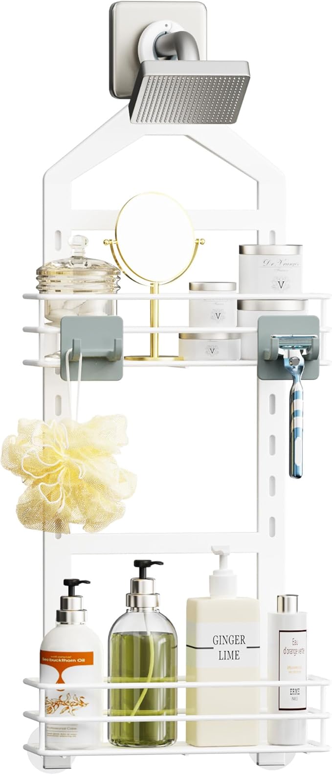 Orimade Adjustable Anti-slip Shower Caddy over Shower Head, Rustproof Bathroom Hanging Shower Organizer with 2 Hooks for Razor, No Drilling Shelves Storage Rack 2 Tier, White
