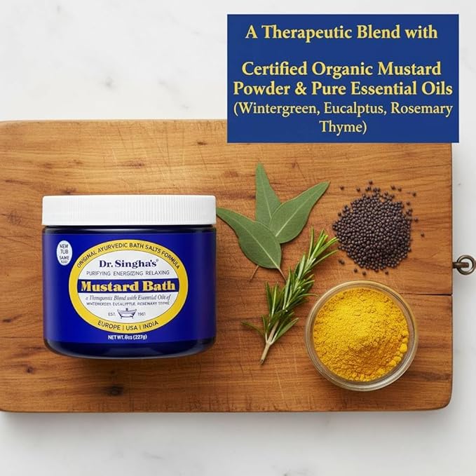 Dr. Singha's Mustard Bath Salts - 8 oz Herbal Bath Soak with Essential Oils for a Relaxing and Rejuvenating Experience - Made in USA