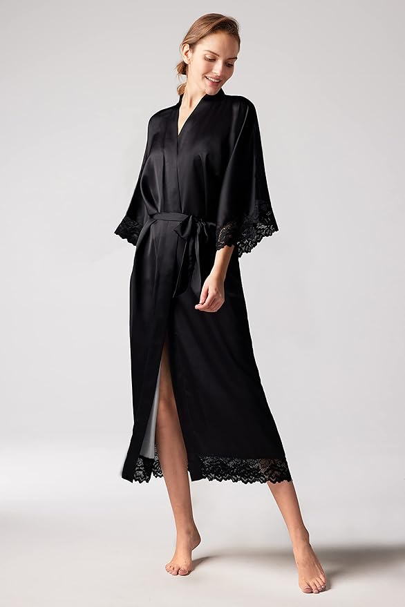 BABEYOND Satin Kimono Robe Silky Long Bridesmaid Wedding Lightweight Bath Robe with Lace Trim