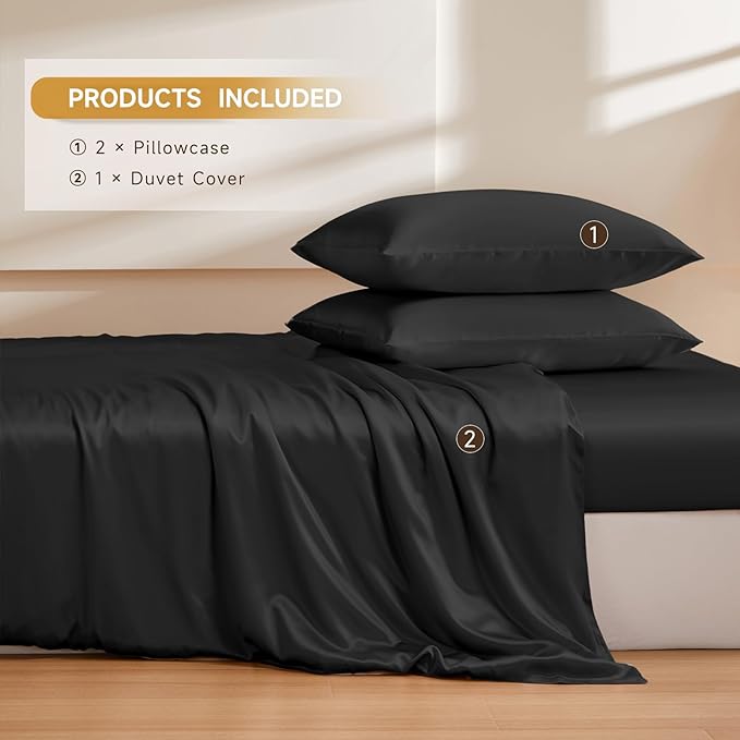 THXSILK 100% Pure Mulberry Silk Duvet Cover Set 3 Piece, 6A+ Grade Luxury Soft Bedding Silk Sheets for Hair and Skin, 1 Pcs Duvet/Quilt/Comforter Cover with 2 Zippered Pillowcases (Black, Cal. King)