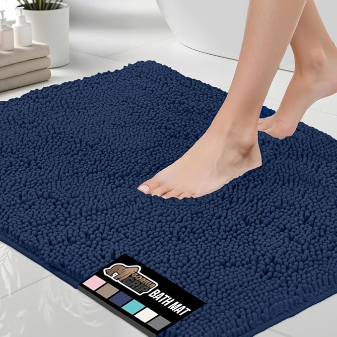 GORILLA GRIP Bath Rug Mat 30x20, Soft Absorbent Chenille, Quick Dry Microfiber Mats, Rubber Backing Washable Shower Floor Rugs, Bathmat Runner, US Designed Bathroom Home Decor Accessories Navy Blue