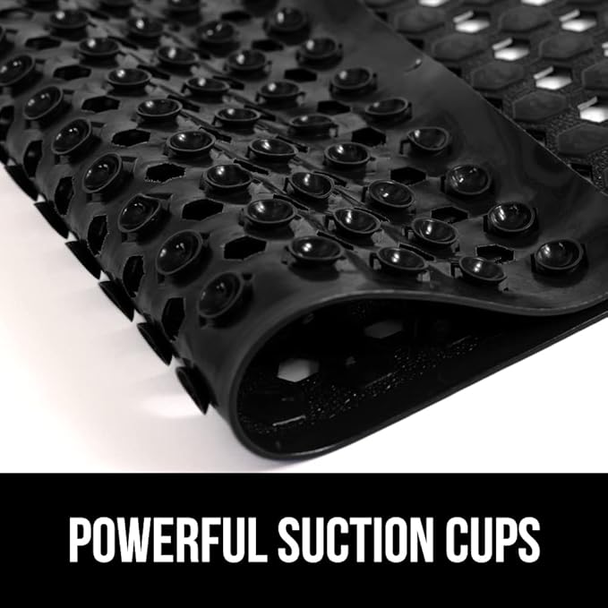 GORILLA GRIP Patented Bath Tub Shower Mat, Machine Washable Bathtub Floor Liner Mats, Suction Cups and Drain Holes to Keep Tubs Clean, Soft on Feet, Bathroom Essentials, 35x16 Inch, Black