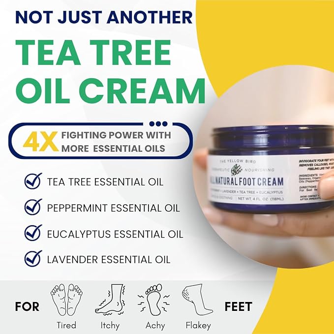 Yellow Bird Natural Tea Tree Foot Cream & Organic Foot Balm for Dry, Cracked Feet & Heels – Peppermint Moisturizer for Athlete’s Foot Relief and Intensive Callus Repair Treatment Salve – Made in USA