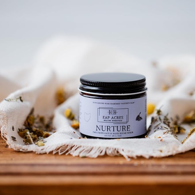 Emulsified Face Sugar Scrub, Organic squalane oil/Castor oil: infused Chamomile, Kokum Butter, Purple Clay, Colloidal Oatmeal, Manuka Honey-Gentle exfoliant: Dry/Sensitive/Acne-Prone (NURTURE)